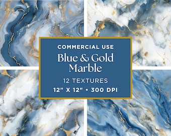 May include: Twelve digital paper textures featuring blue and gold marble patterns. Each texture is 12 inches by 12 inches and 300 DPI.