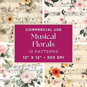 Musical Notes With Flowers Digital Paper | Watercolor Roses and Music Notes | Musical Art | Music Notes Digital Wallpaper | Junk Journals