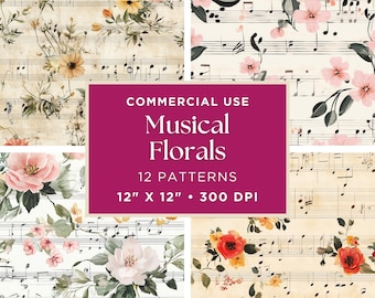 Musical Notes With Flowers Digital Paper | Watercolor Roses and Music Notes | Musical Art | Music Notes Digital Wallpaper | Junk Journals