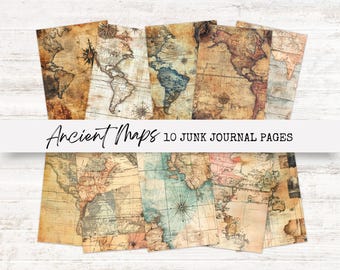 Vintage Landkarte Junk Journal Seiten - Druckbare Ephemera - Gebeizte Papiere - Reise Scrapbook Kit