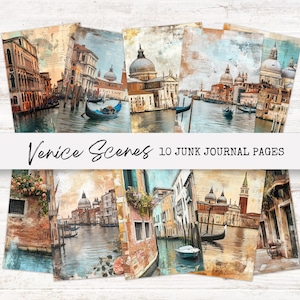 May include: Ten digital collage sheets featuring vintage-style images of Venice, Italy. The images include canals, gondolas, bridges, and buildings. The text "Venice Scenes 10 Junk Journal Pages" is printed on the top of the collage sheets.