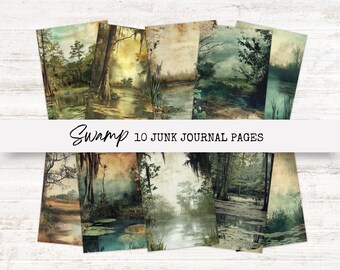 Junk Journal Swamp | Digital Kit Printable | Lichen Mossy Swamp Junk Journal Pages | Vintage Pond & River Bayou Sunset | Bayou Background