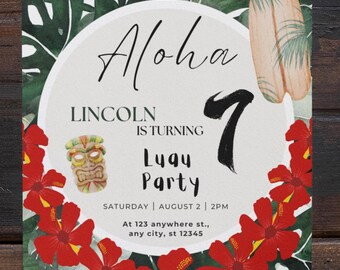 Modello di invito di compleanno per luau hawaiano, modificabile, 5 pollici x 7 pollici