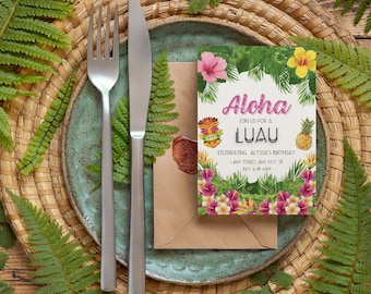 Modello di invito per festa di compleanno Luau, isola hawaiana, tema polinesiano, modificabile, 5 pollici x 7 pollici