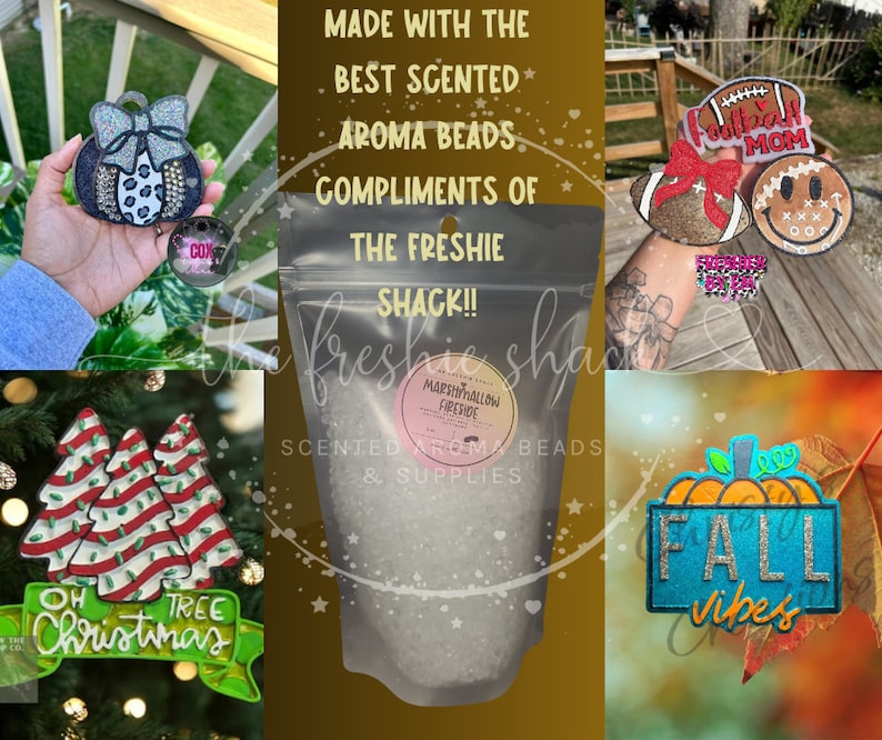 May include: Assortment of colorful, glittery, and festive ornaments with various themes, including Christmas, fall, and football. The ornaments are made with aroma beads and are packaged in a clear plastic bag with the text "Marshmallow Fireside" and "Scented Aroma Beads & Supplies".