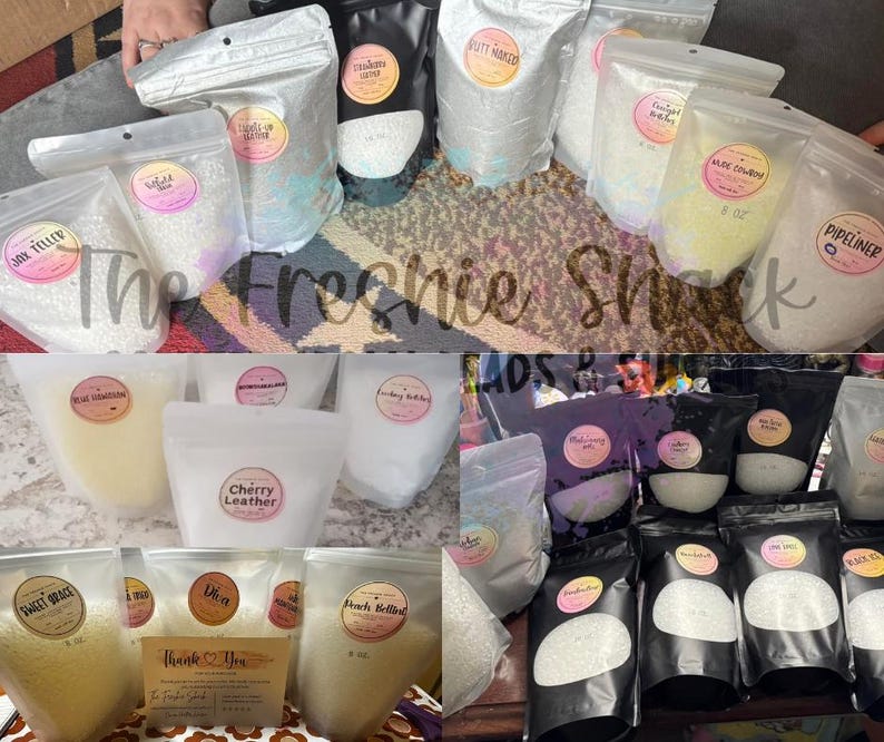 May include: A variety of bath salts in clear plastic bags with labels. The labels include names like "Cherry Leather", "Sweet Grace", "Jax Teller", "Blue Cotton", "Black Belted", and "Dia". The Freshie Snack is written across the image.