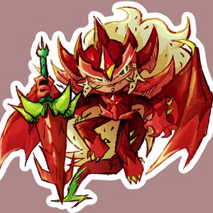 May include: A sticker featuring a cartoon character with red and yellow accents, holding a red sword with green details. The character has red wings and a spiky, flame-like hairstyle. The background is a muted pink.