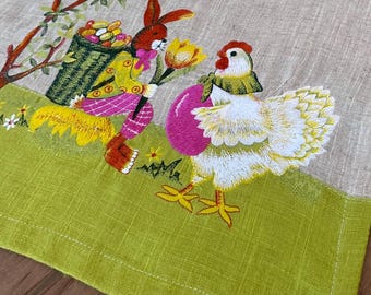 Embroidered Easter Table Runner: Bunny & Chick Linen Topper