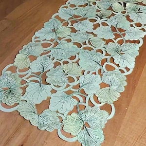 Embroidered Leaf Table Runner: Elegant Green Cutwork, Washable Polyester