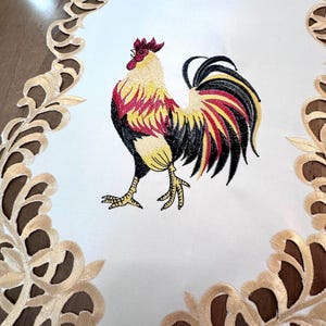 Embroidered Rooster Cutwork Table Runner – Farmhouse & Country Kitchen Décor