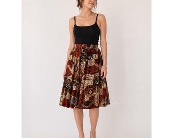 Two Twenty Vintage 90s Rayon Midi Skirt Abstract Geometric Rust Orange Large Art