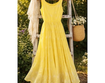 Vtg 60s Miss Elliette Maxi Dress Hostess Patio Party Yellow & White Floral