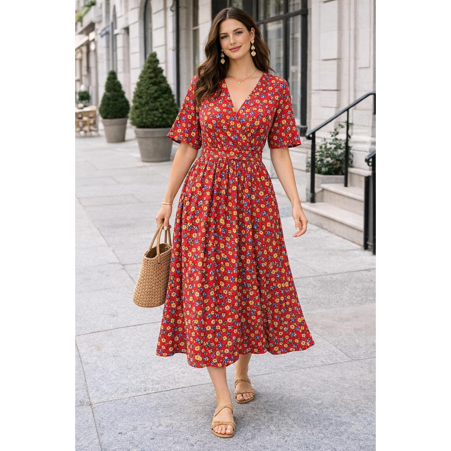 knee length dresses for ladies Buy Idaho Faux Wrap Midi Dress-Multi Color | Dresses for Women main image 1