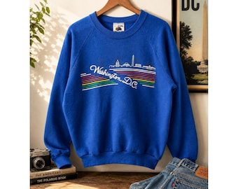 Felpa vintage Fruit of the Loom Washington DC blu arcobaleno taglia L anni '90 Y2k