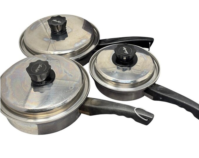Range Craft Cookware Vtg Lustre Craft 3 Ply Stainless Skillet Sauce Saute Pans Set of 3 With ...