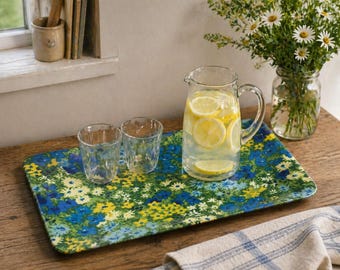 ヴィンテージフローラル柄ファイバーグラス製サービングトレイ（ブルー、グリーン、イエロー、ミッドセンチュリーモダンスタイル、長方形）
