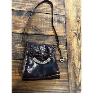 Brighton Brown Leather Croc Embossed Crossbody Bag Silver Filigree Heart Charm image 8