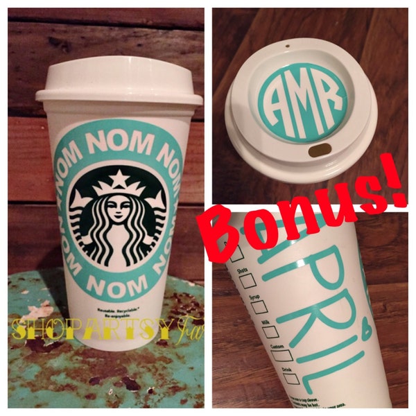 Starbucks cup 16 oz with your wording, monogram on lid & name on back - gifts, teacher gifts, bridesmaids gifts