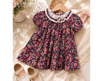 Kellys Kids Vintage Floral Dress Pink Blue Ruffle Collar Made in USA Size 1 90's