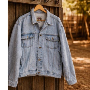 Vintage Bugle Boy Gold Crest Denim Jacket Mens Large Light Wash Blue Trucker 90s