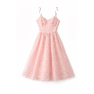 May include: A light pink, spaghetti strap dress with a fitted bodice and a flared skirt. The dress features a V-neckline and horizontal stripes on the skirt. The dress is made of a sheer fabric.