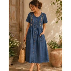 Denim Midi Embroidered Dress - Etsy
