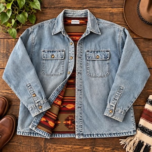 May include: A light blue denim shirt jacket with a button-down front, two chest pockets, and long sleeves. The interior is lined with a brown fleece fabric featuring a horizontal geometric pattern in orange, red, and black. A white label reads Drysdales.