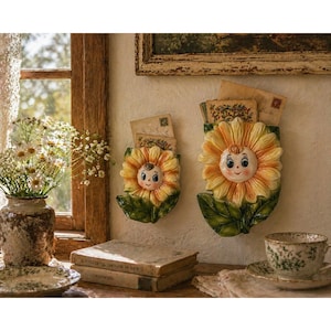 Lot de 2 pochettes murales vintage tournesol visage anthropomorphe fabriqué au Japon en céramique 2 pièces