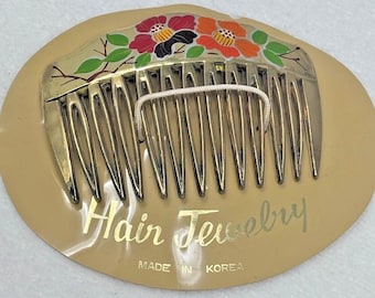 Vintage Hair Comb Jewelry Floral Flowers Red Orange Gold Tone Hong Kong NOS