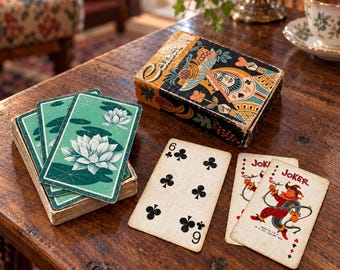 Vintage Whitman Playing Cards Green Water Lily Floral Backs Box & 2 Jokers USA