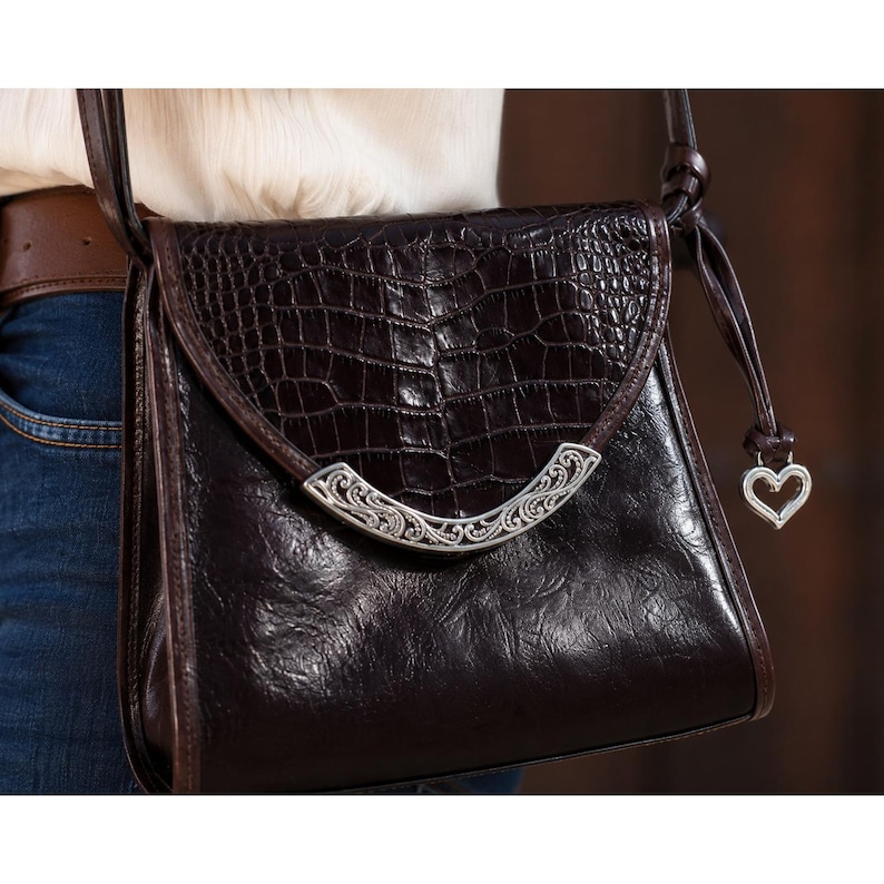 Brighton Brown Leather Croc Embossed Crossbody Bag Silver Filigree Heart Charm image 2