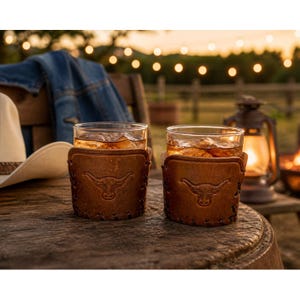 ML Leddy Maker Leather Longhorn Drink Cozies Set of 2 Brown Whipstitch Texas