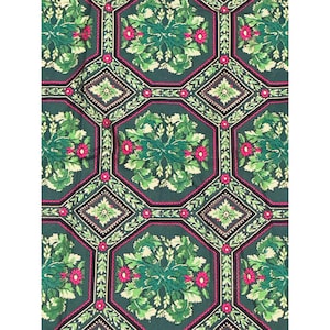May include: A detailed pattern featuring a repeating design of green leaves, pink flowers, and geometric shapes. The pattern is set against a dark green background, creating a vintage or botanical aesthetic. The design includes hexagonal and diamond shapes.