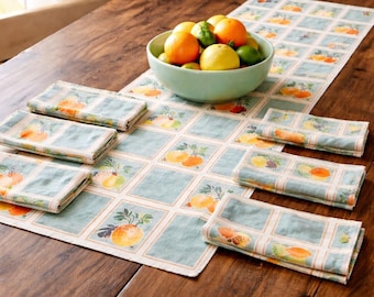 Zestaw bieżnika na stół w stylu retro z połowy XX wieku i 7 serwetek w kolorze turkusowo-pomarańczowym MCM