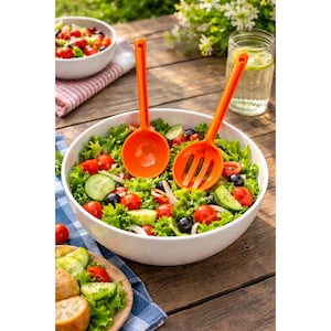 Puede incluir: Un cuenco de cerámica blanco lleno de ensalada fresca, que incluye lechuga, tomates, pepinos y aceitunas. Dos cucharas naranjas para servir descansan en el cuenco. También se ve un cuenco más pequeño de ensalada y un vaso de agua.