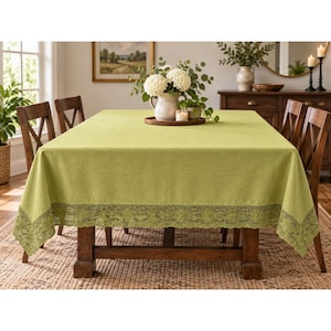 Vintage Tablecloth Avocado Green 70s Floral Lace Trim 64x100 Rectangle