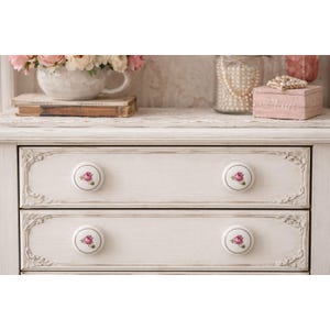 Vintage Ceramic Cabinet Knobs Pink Rose Floral Glossy Round Set of 4, 1.5" Japan