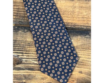 Chaps Ralph Lauren Mens Silk Tie Navy Blue Geometric Medallion Pattern Classic