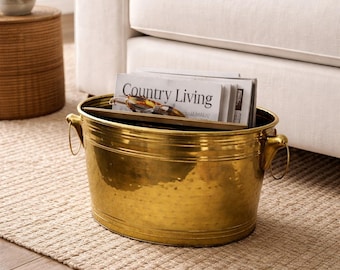 Vintage Hammered Brass Magazine Bucket Rack Oval Hearth Log Holder 11in