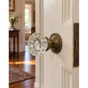 Puede incluir: Un pomo de puerta de cristal transparente facetado con un patrón de estrella en el centro, montado sobre una base circular de latón desgastado. El pomo está fijado a una puerta de madera pintada de blanco con una placa de latón rectangular.