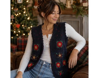 Vtg Arriviste Christmas Knit Vest Black Poinsetta Large Ramie Cotton