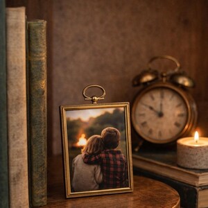 Vintage Gold Ton Miniatur Bilderrahmen Konvexen Bubble Glas geätzt Metall 3x4