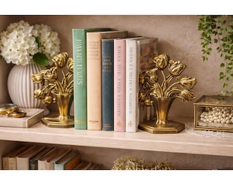 ヴィンテージ真鍮製チューリップ型花瓶、ブックエンド、ドアストッパーセット、ゴールド装飾