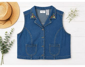 Colete Bobbie Brooks Feminino 22W Azul Excelente Bordado Floral Cropped em Jeans