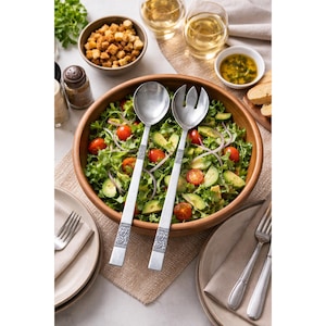 Vtg Rostfrei Salad Serving Set Rose Floral Pattern 12in Stainless Steel