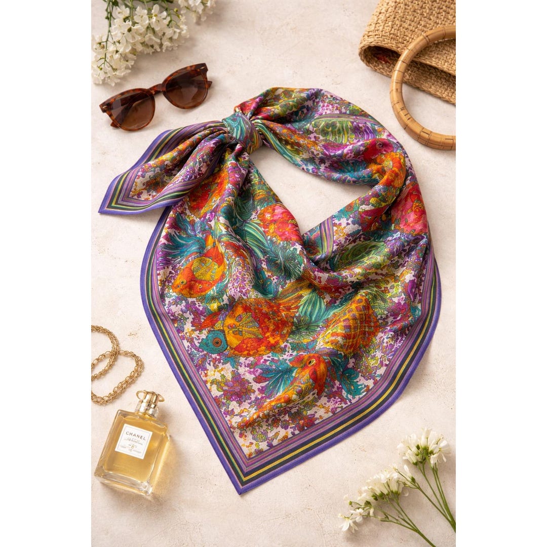 Shoreful Rag Vintage Colorful Fish Print Scarf Bright Vtg Tropical Ocean Foulard ...