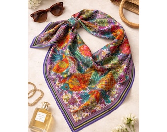 Bufanda vintage con estampado de peces de colores, fular tropical oceánico, años 70