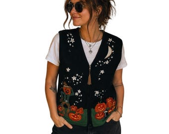 Vtg Star Blue Originals Studio Halloween Sweater Vest Black Zip Up Pumpkin Cat L