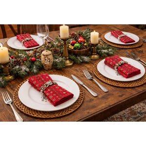 May include: A festive table setting with red patterned napkins, white plates, and woven placemats. Silverware and candle holders with lit candles are arranged on a wooden table, creating a warm, inviting atmosphere for a holiday meal.