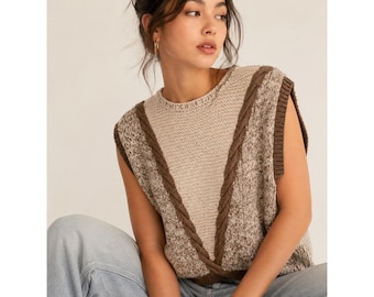 Vintage jaren 90 windwijzer zijden katoenen truivest L bruin bruin grof gebreide boho M